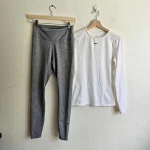 Nike Dri-FIT Long Sleeve Top White + Grey Leggings Set Size Small EUC